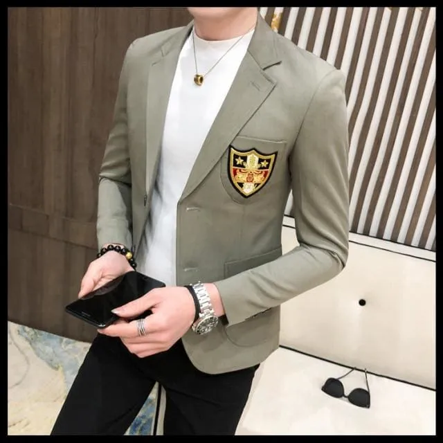 Men Gold Embroideried Slim Fit Masculino Blazer