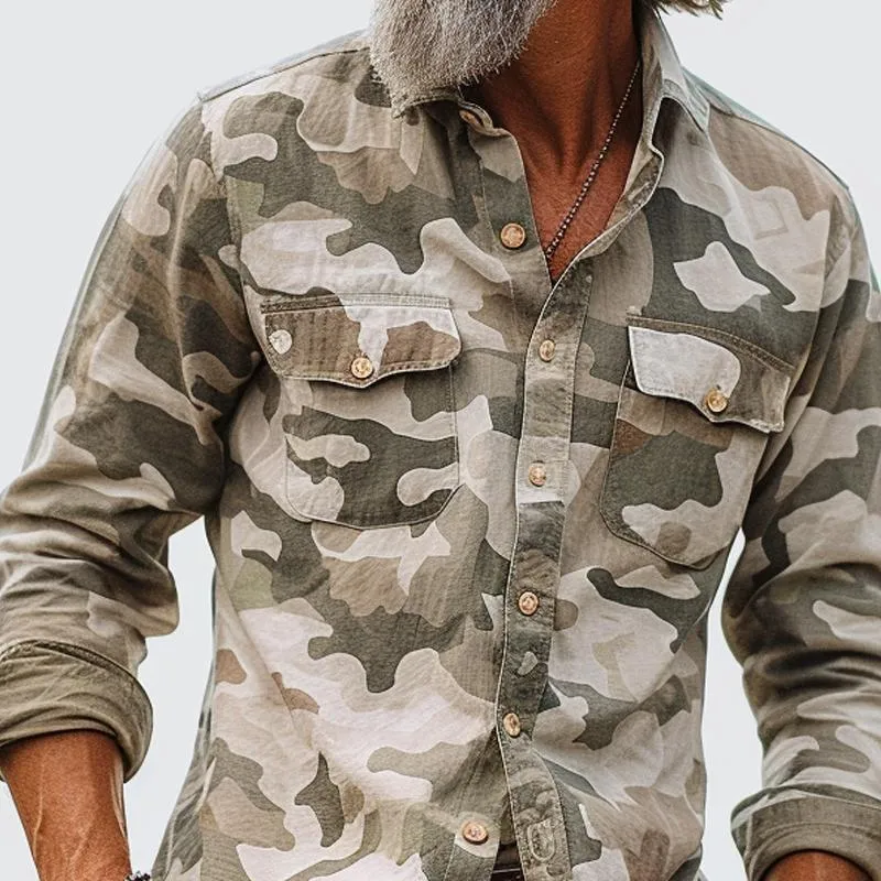 Men's Camouflage Lapel Breast Pocket Cargo Shirt 72098909Z